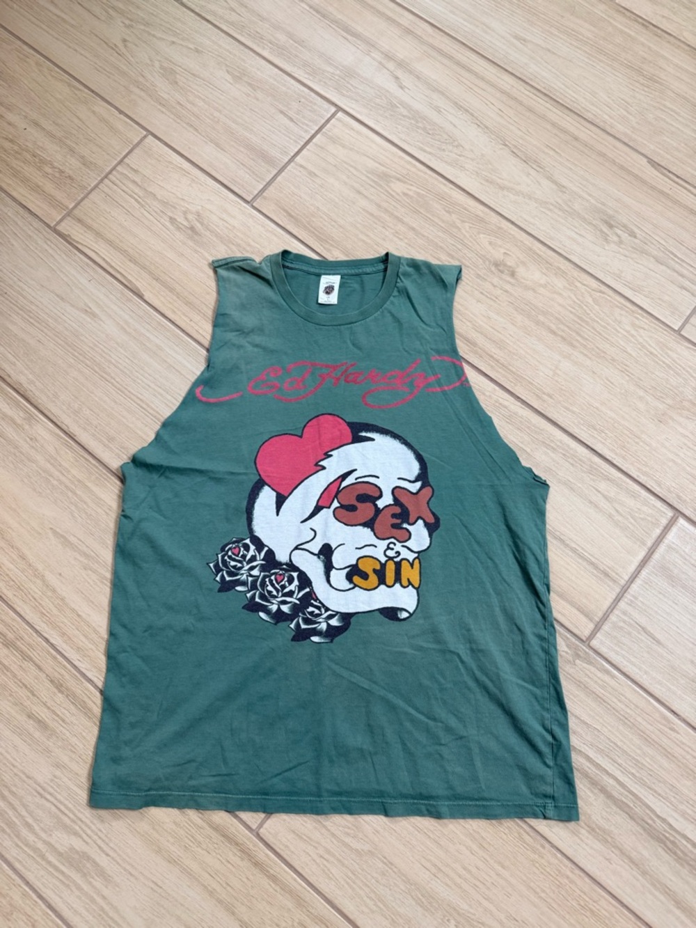 Vintage Ed Hardy Sex and Sin Skull Tank Top Y2K Green Size L Cutoff